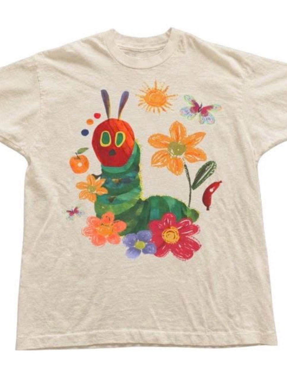 Gildan Cream Short-Sleeve Tee with Colorful Caterpillar & Floral Print